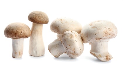 Fresh mushrooms arranged on white background