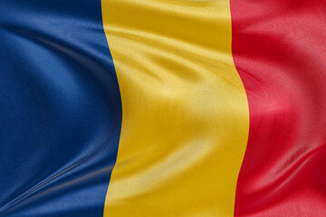 Dynamic waving flag of Chad, fabric details with folds and ripples, embodying national pride.