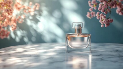 Perfume bottle on marble, with sunlight & flowers