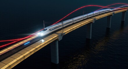 Futuristic high-speed train traversing a modern bridge over water at night