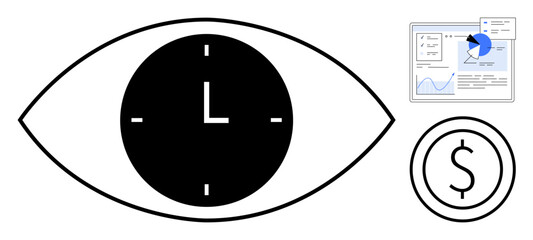 Eye with a clock emphasizes time management, a coin symbolizes financial value, and an analytics chart suggests data-driven decision-making. Ideal for business, finance, productivity, analytics