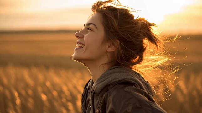 Backlit Portrait of calm running happy smiling free woman with closed eyes enjoys a beautiful moment life on the fields