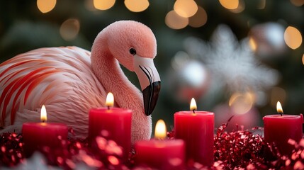 Pink flamingo figurine, surrounded by red candles and Christmas decorations