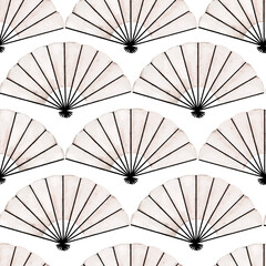 Seamless watercolor pattern with elegant white folding fans in repeating arrangement. Ideal for textile design, wrapping paper, wallpaper, stationery, packaging, or cultural holiday projects