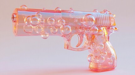 Pink gun covered in bubbles on pastel background