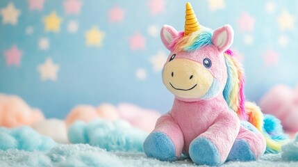 Pink unicorn stuffed animal on a soft blue background with pastel clouds