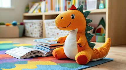 Plush dinosaur toy sits on colorful rug near bookshelves