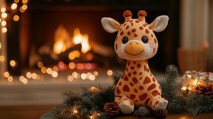 Plush giraffe toy sits by a warm fireplace, surrounded by holiday decorations