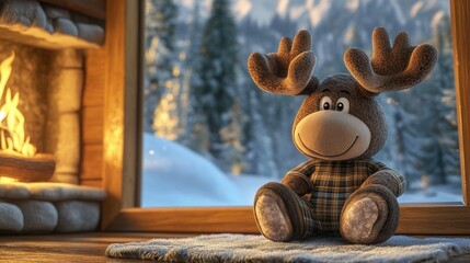 Plush moose sits by a cozy window, snowy landscape view