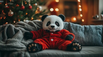 Plush panda in festive pajamas on a couch, Christmas tree in background