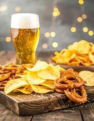 Light beer, potato chips, and pretzels on a wooden board