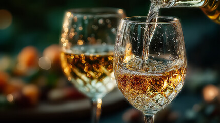 Obraz premium Two wine glasses with golden liquid pouring, elegant condensation on dark marble surface.