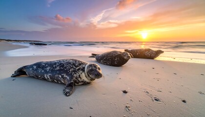 Seals resting on a beach at sunset