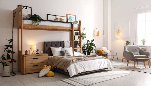 Bright, modern bedroom with loft bed