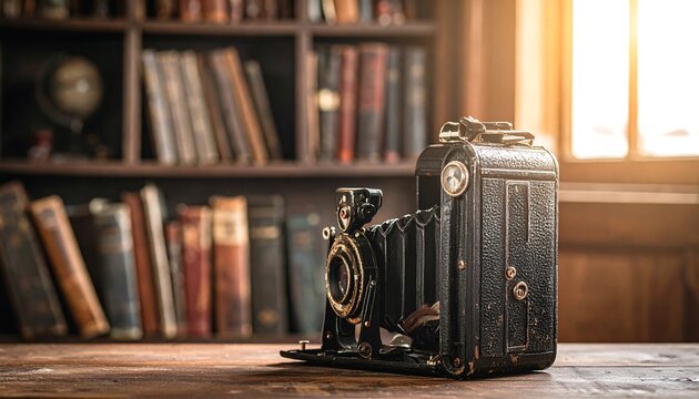 Antique camera on wooden table in a library - Powered by Adobe