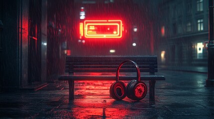 Rainy night street scene with headphones on bench, neon signs