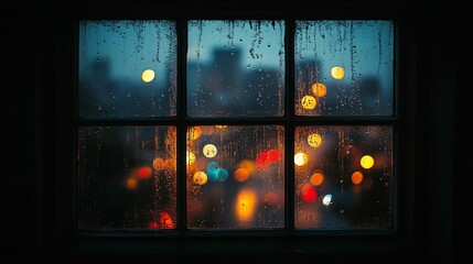 Rainy night view through a window. City lights blurred behind rain-streaked glass