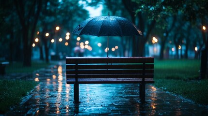 Rainy park scene; empty bench, umbrella
