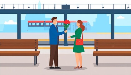 Couple exchanging flowers at a train station