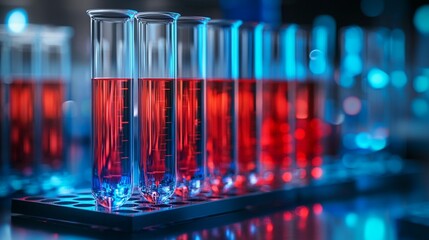 Red liquid-filled test tubes on a metal rack in a laboratory setting