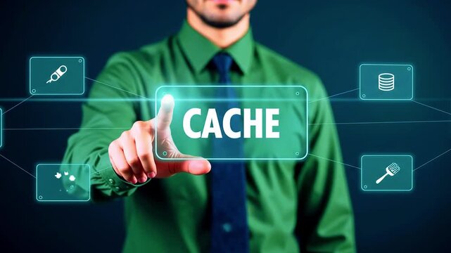 Businessman interacting with digital cache interface, showcasing technology and data management