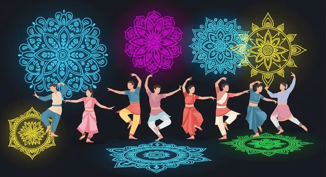 Vibrant indian dancers performing amidst colorful mandalas