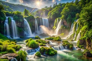 Beautiful waterfall landscape with lush green forest and bright sunshine