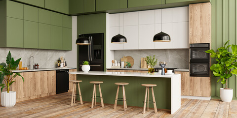 Stylish kitchen design featuring green and wood cabinets, large island with white countertop, wooden bar stools- 3D rendering © Vanitjan