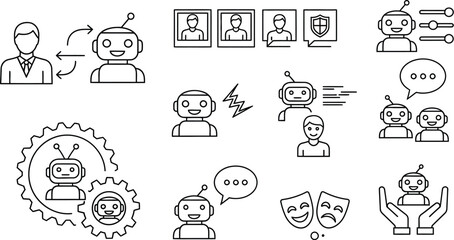 Human and robot interaction icons representing communication, collaboration, and AI integration.