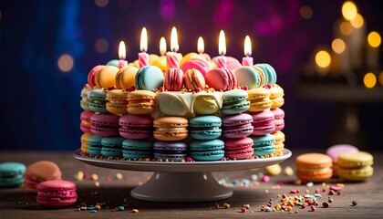 Colorful macaron cake with candles