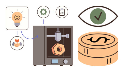 3D printer crafting geometric object, light bulb idea, handshake, checklist, gear, eye with checkmark, coins. Ideal for technology, innovation teamwork quality manufacturing business
