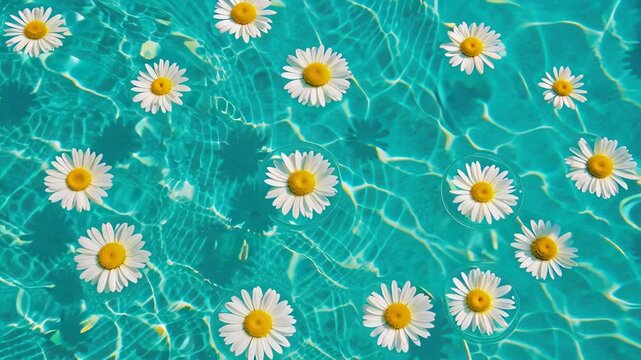 Sunny pool turquoise water white daisy floating flower summer vibe floral pattern ripple light tranquil serene nature relaxation