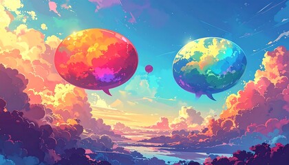 Colorful cloudscape with floating orbs