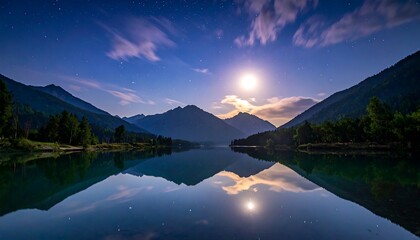 Serene mountain lake at night, moonlit reflection