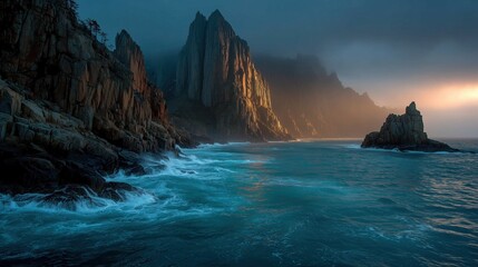 Norwegian Fjords with Towering Cliffs Reflecting in Deep Blue Water, Dramatic Golden Rays Breaking Through Clouds, Majestic Nordic Landscape
