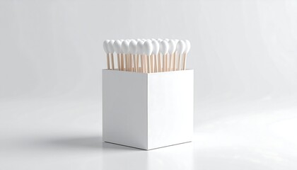 A white square box holds many cotton swabs.  The swabs are neatly arranged, with the light-tan wooden sticks and white rounded heads aligned.  The box and swabs are against a plain white background