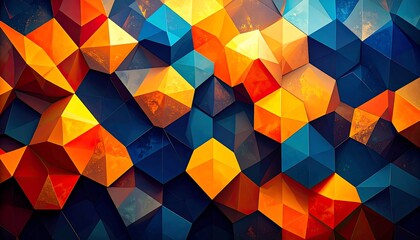 Vibrant multi faceted geometric background with blue orange and yellow