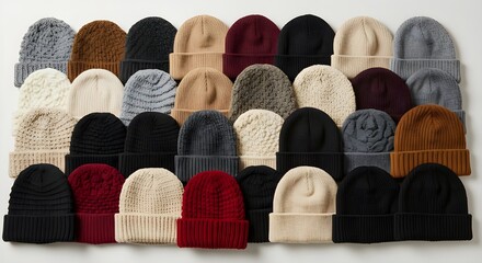 Collection of various colorful knit hats for winter, beanie display