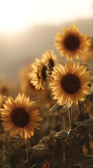 Fototapeta premium Advertising photography of sunflower field swaying gently in the wind, elegant minimal tech theme with clear negative space for ad text, golden hour virtual moment, bright commercial background