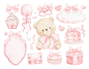 Watercolor Illustration Set of Baby Shower Elements for Baby Girl
