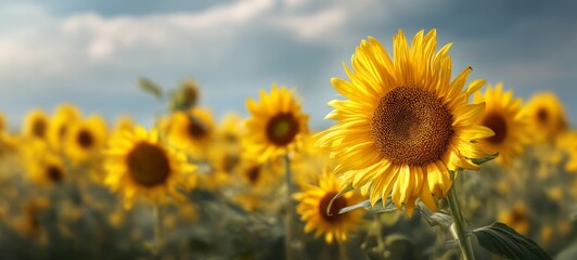 Fototapeta premium Advertising photography of sunflower field swaying gently in the wind, elegant minimal tech theme with clear negative space for ad text, golden hour virtual moment, bright commercial background