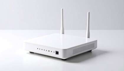 A white, square network device with two antenna
