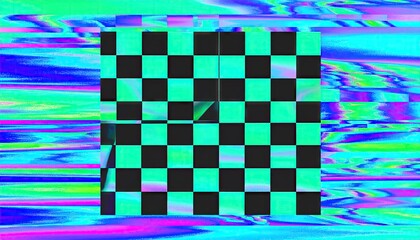 Abstract Glitch Art Chessboard with Vibrant Neon Colors