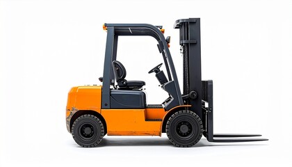 Orange Forklift Truck in Side View Isolated on White Background
