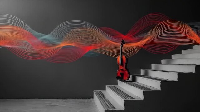 A vibrant violin rests on steps, framed by abstract, colorful, wavy lines.