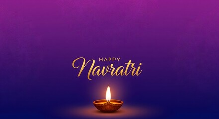 Happy navratri greeting with glowing diya on purple gradient background