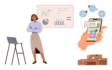 Professional analyzing graphs beside a presentation board. Smartphone highlighting a message code, package icons representing logistics. Ideal for data analysis, tech, logistics, e-commerce