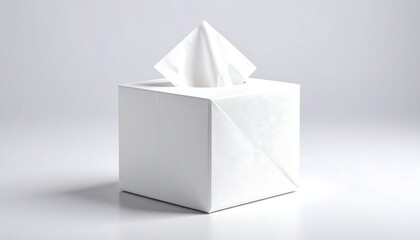 A white, square tissue box with a folded design, featuring a tissue in a pointed, diamond shape