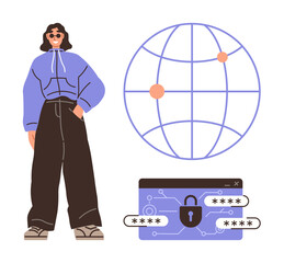 Woman in casual attire standing confidently, globe representing global reach, secure digital padlock with passwords. Ideal for cybersecurity, privacy, internet safety, data protection, technology