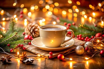 Festive Christmas Coffee Still Life with Holiday Decorations and Warm Lights